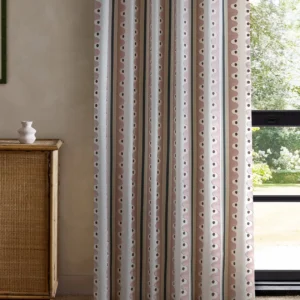 pink striped curtain with cabinets and window