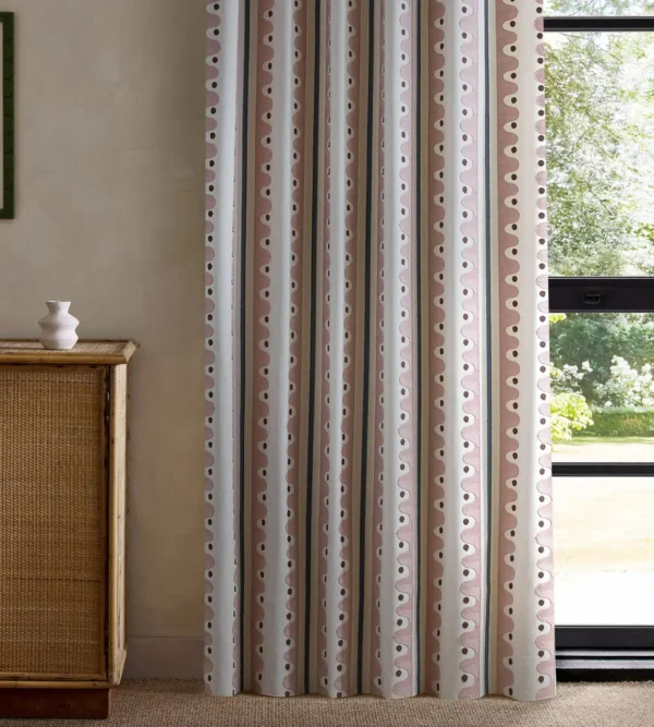 Oakham Embroidery Fabric - Dusk Pink by pink striped curtain with cabinets and window