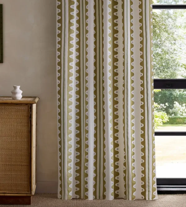 Oakham Embroidery Fabric - Wheat by green striped curtain with cabinets and window