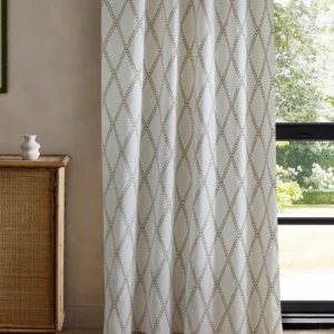 neutral geometric curtain with cabinets and window