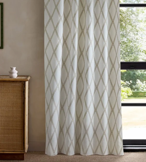 Hayloft Embroidery Fabric - Pebble by neutral geometric curtain with cabinets and window