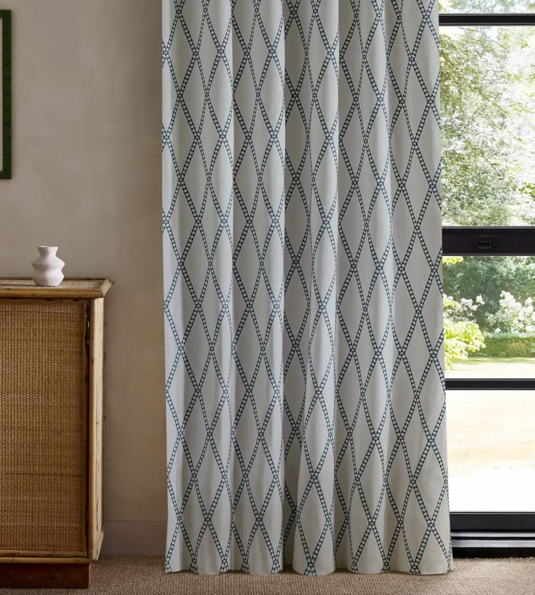 Hayloft Embroidery Fabric - Denim by blue geometric curtain with cabinets and window