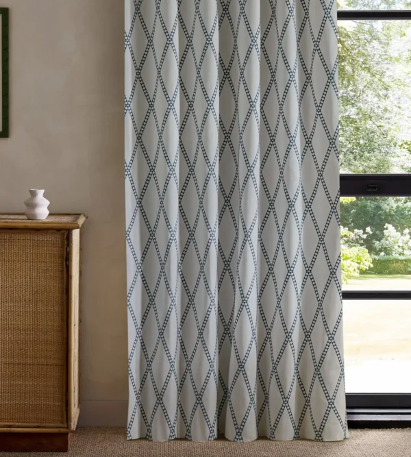 Hayloft Embroidery Fabric - Denim by blue geometric curtain with cabinets and window