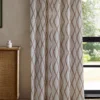 red geometric curtain with cabinets and window