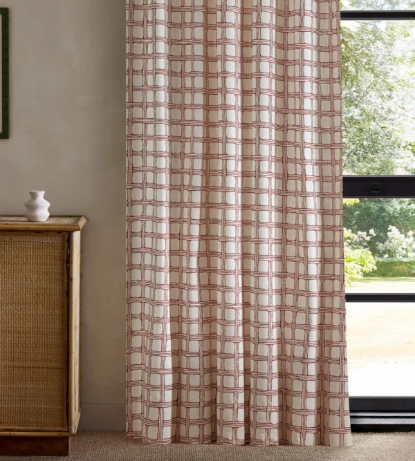 Fretwork Print Fabric - Ladybird Red by red checked curtain with cabinets and window