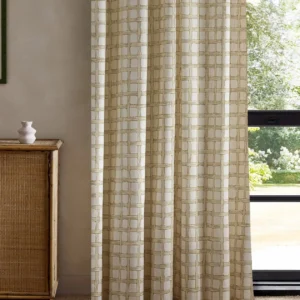 yellow checked curtain with cabinets and window