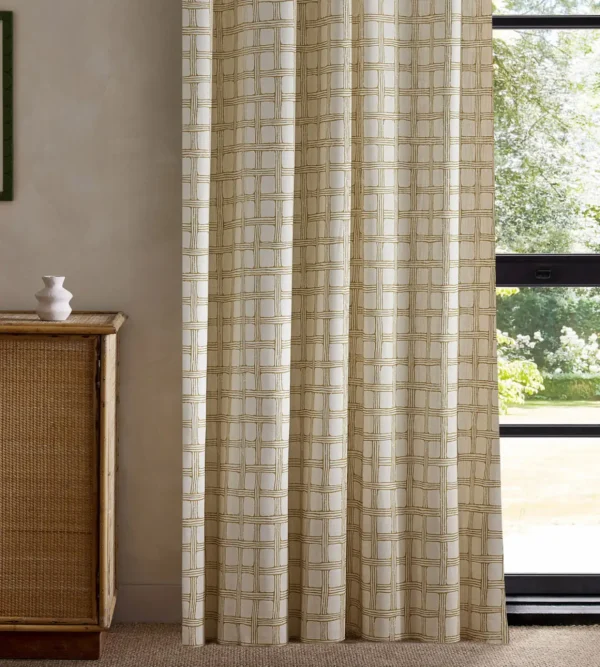 Fretwork Print Fabric - Honey by yellow checked curtain with cabinets and window
