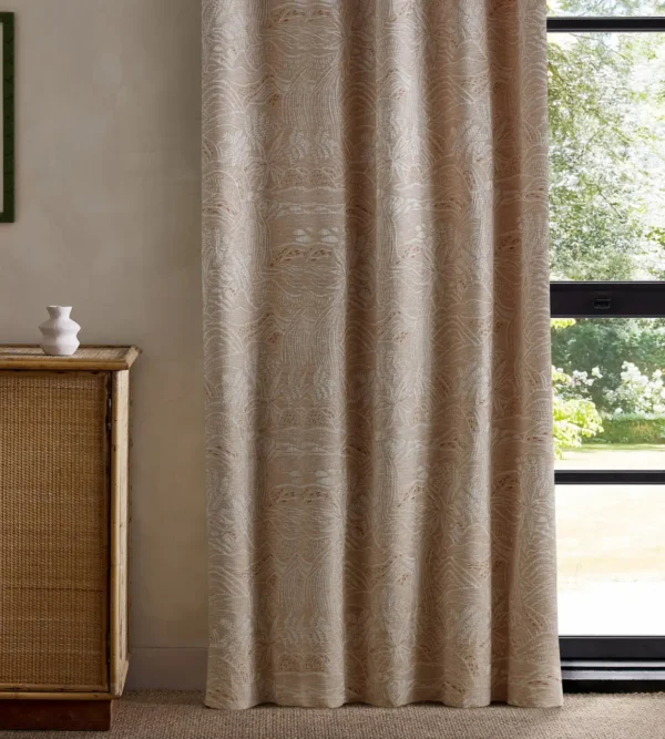 Falling Foss Weave Fabric - Moss by orange botanical curtain with cabinets and window