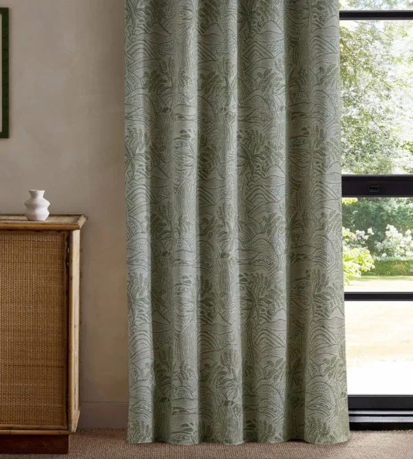 Falling Foss Weave Fabric - Seaglass by green botanical curtain with cabinets and window