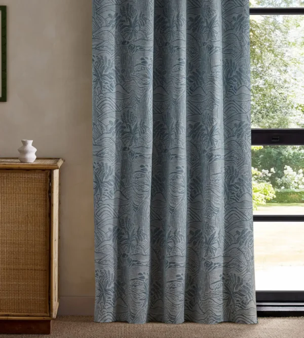 Falling Foss Weave Fabric - Mist by blue botanical curtain with cabinets and window