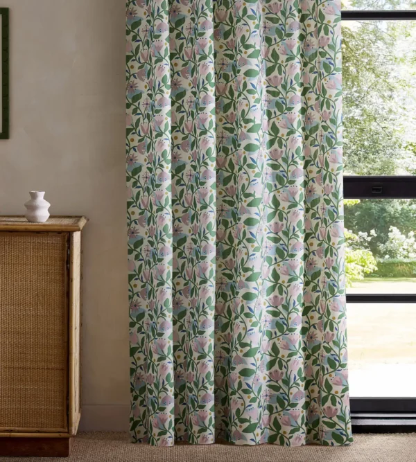 Dancing Daisies Print Fabric - Lilac by green botanical curtain with cabinets and window