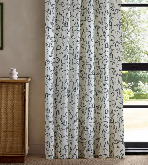 Canter Print Fabric - Ink by blue animal curtain with cabinets and window