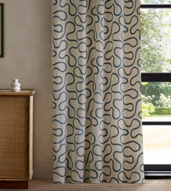 Bimble Embroidery Fabric - Meadow by blue misc curtain with cabinets and window