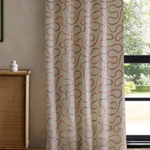orange misc curtain with cabinets and window