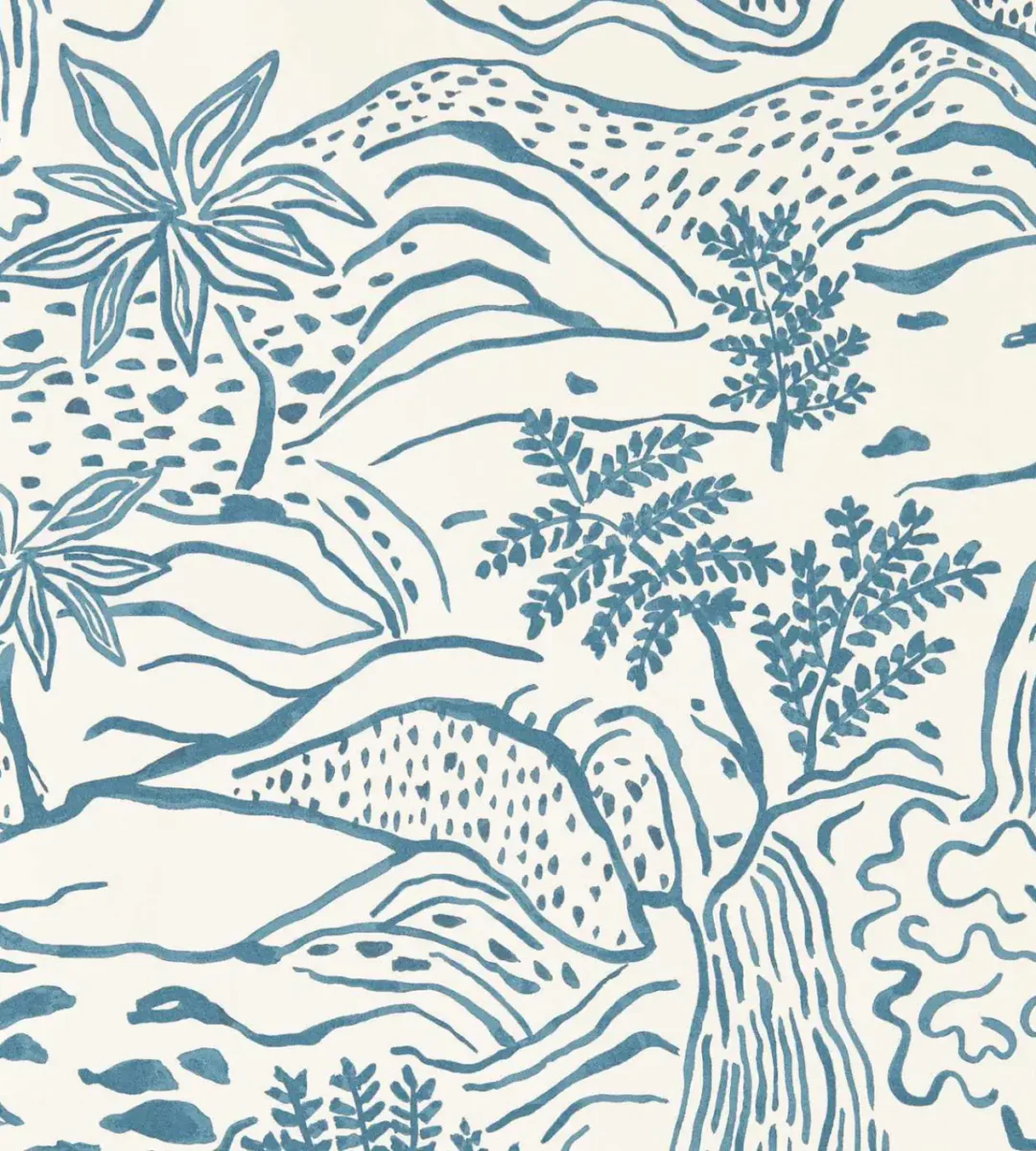 blue botanical wallpaper from scion