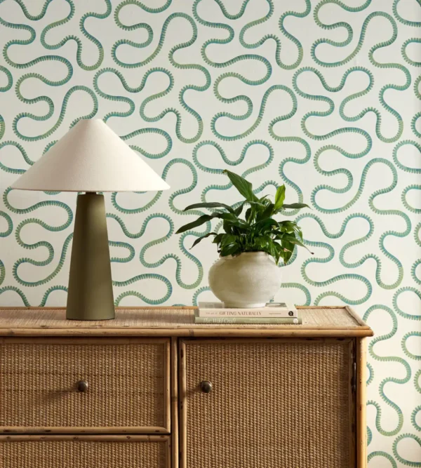 Bimble Wallpaper - Evergreen by green misc wallpaper and wall with cabinets and vases