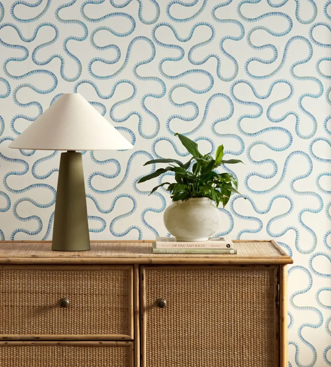 Bimble Wallpaper - Sky Blue by blue misc wallpaper and wall with cabinets and vases