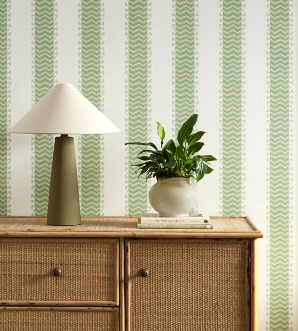 Bradgate Wallpaper - Pine by green striped wallpaper and wall with cabinets and vases