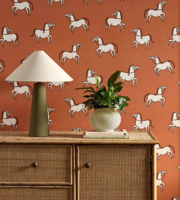 Canter Wallpaper - Brick by orange animal wallpaper and wall with cabinets and vases