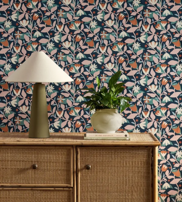 Dancing Daisies Wallpaper - Midnight by blue botanical wallpaper and wall with cabinets and vases