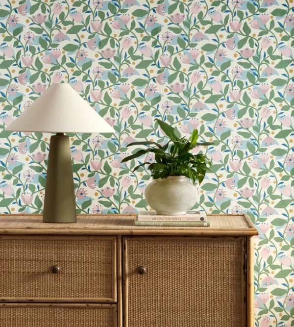 Dancing Daisies Wallpaper - Lilac by green botanical wallpaper and wall with cabinets and vases