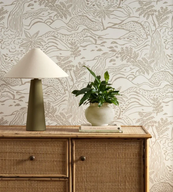 Falling Foss Wallpaper - Linen by neutral botanical wallpaper and wall with cabinets and vases