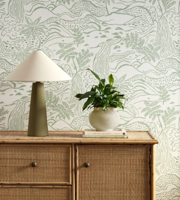 Falling Foss Wallpaper - Sage by green botanical wallpaper and wall with cabinets and vases