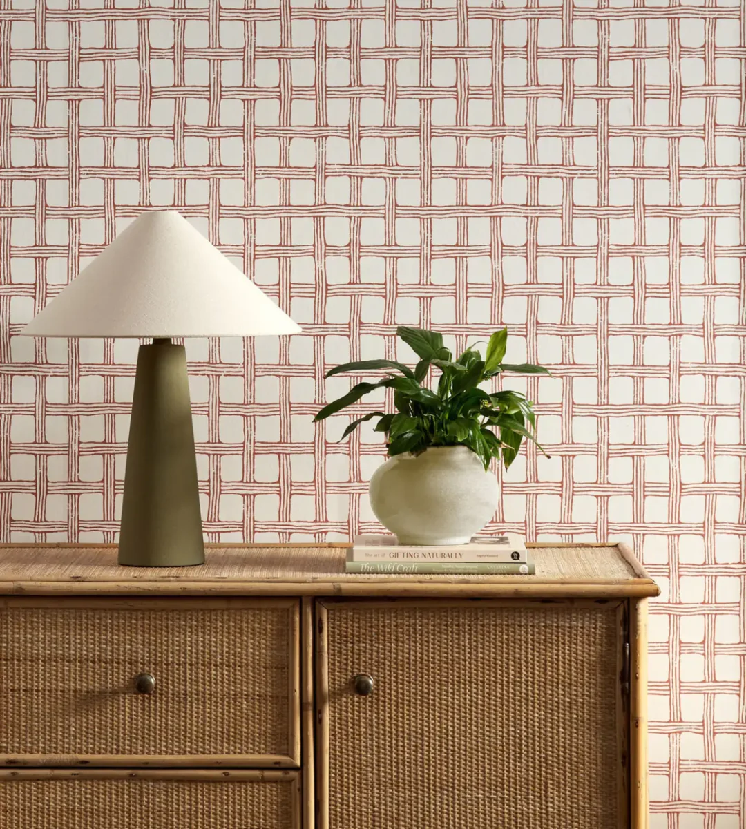 Fretwork Wallpaper - Ladybird Red by red checked wallpaper and wall with cabinets and vases