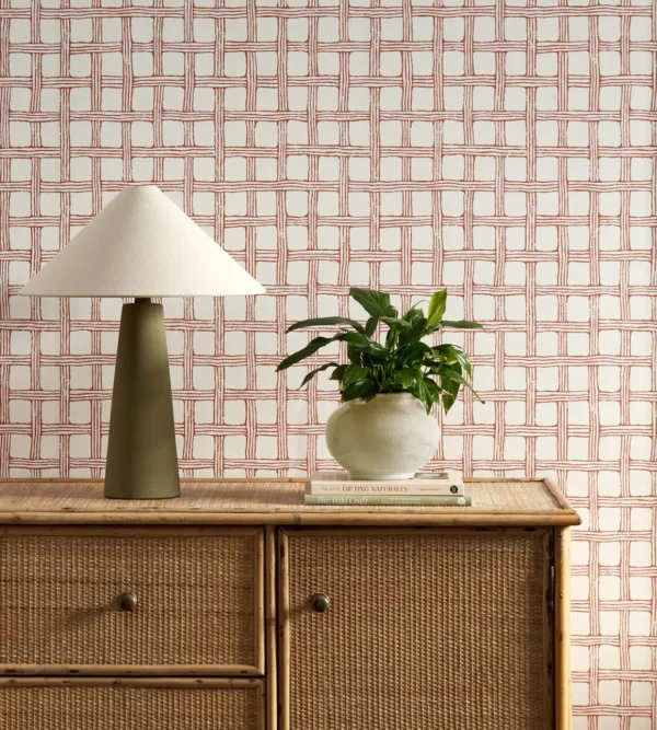 Fretwork Wallpaper - Ladybird Red by red checked wallpaper and wall with cabinets and vases