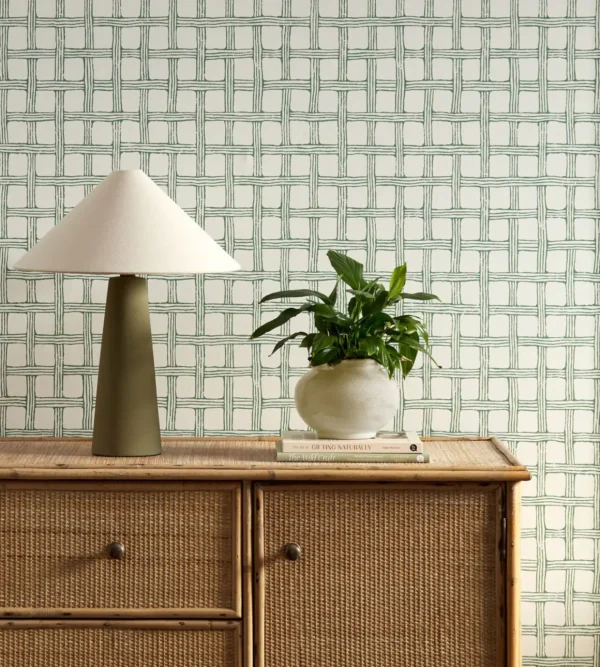Fretwork Wallpaper - Forest by green checked wallpaper and wall with cabinets and vases