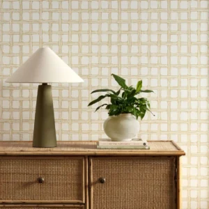 yellow checked wallpaper and wall with cabinets and vases