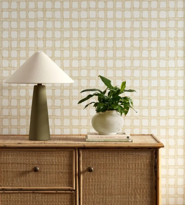 Fretwork Wallpaper - Honey by yellow checked wallpaper and wall with cabinets and vases