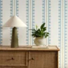 blue striped wallpaper and wall with cabinets and vases