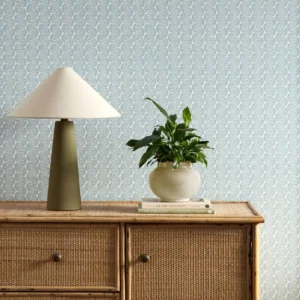 blue striped wallpaper and wall with cabinets and vases