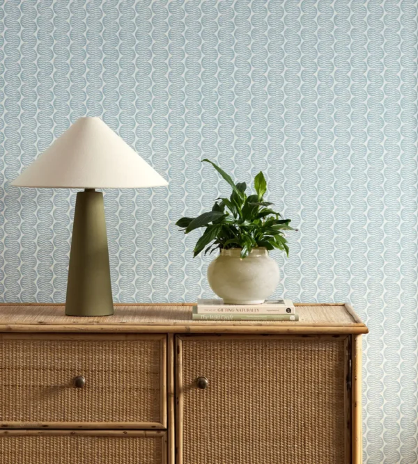 Raft Stripe Wallpaper - Coast Blue by blue striped wallpaper and wall with cabinets and vases