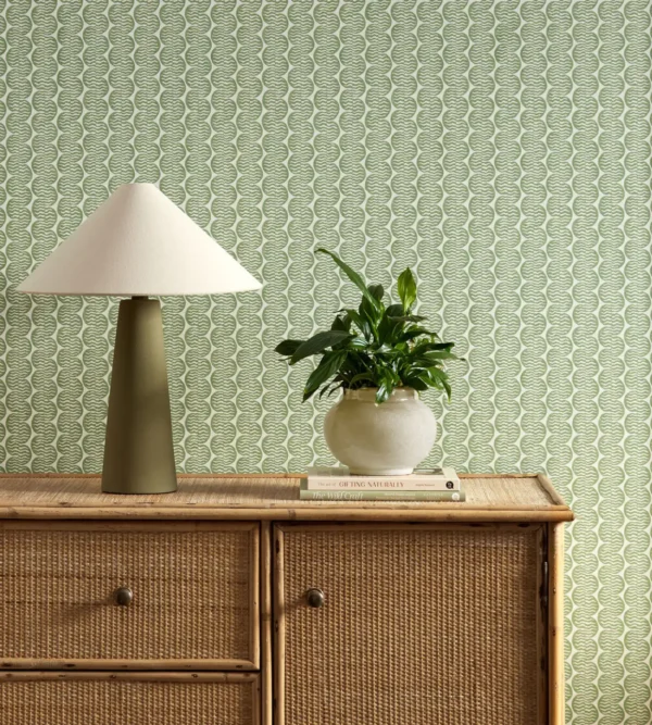 Raft Stripe Wallpaper - Pine by green striped wallpaper and wall with cabinets and vases