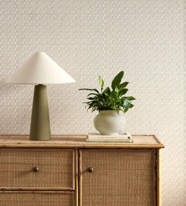 Raft Stripe Wallpaper - Mushroom by neutral striped wallpaper and wall with cabinets and vases