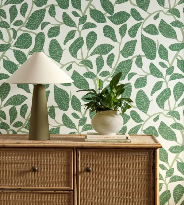 Sweet Bay Wallpaper - Forest by green botanical wallpaper and wall with cabinets and vases