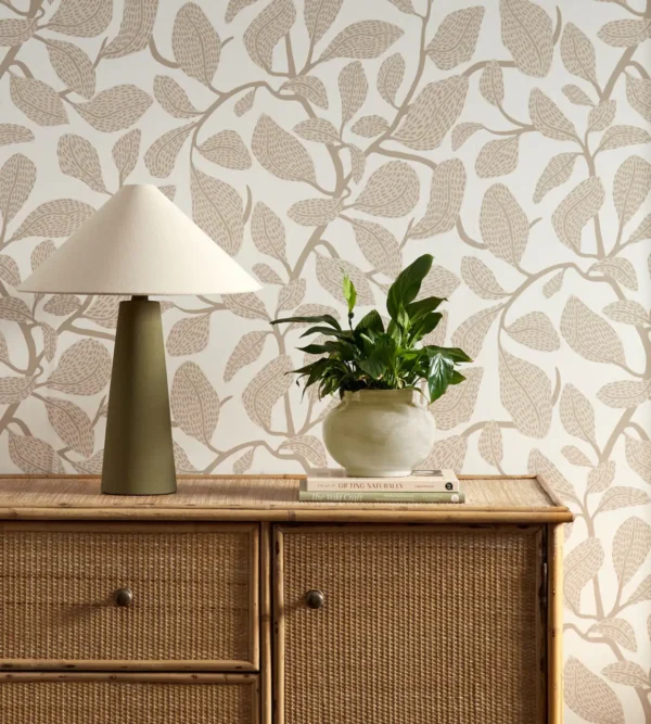 Sweet Bay Wallpaper - Stone by neutral botanical wallpaper and wall with cabinets and vases