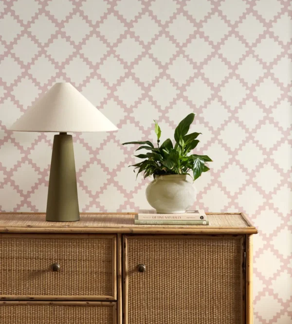 Swithland Wallpaper - Dusk Pink by pink geometric wallpaper and wall with cabinets and vases