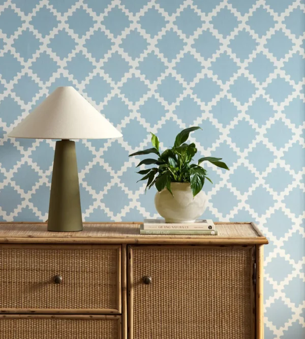 Swithland Wallpaper - Coast Blue by blue geometric wallpaper and wall with cabinets and vases