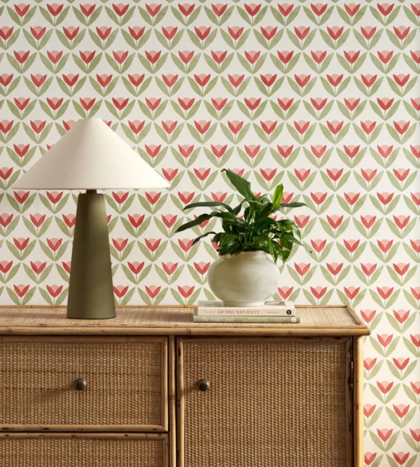 Tulip Trellis Wallpaper - Berry by red botanical wallpaper and wall with cabinets and vases