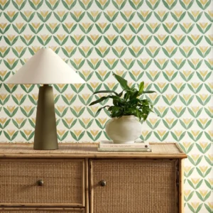 yellow botanical wallpaper and wall with cabinets and vases