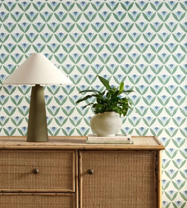 Tulip Trellis Wallpaper - Coast Blue by green botanical wallpaper and wall with cabinets and vases