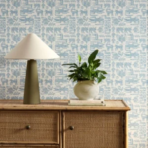blue misc wallpaper and wall with cabinets and vases