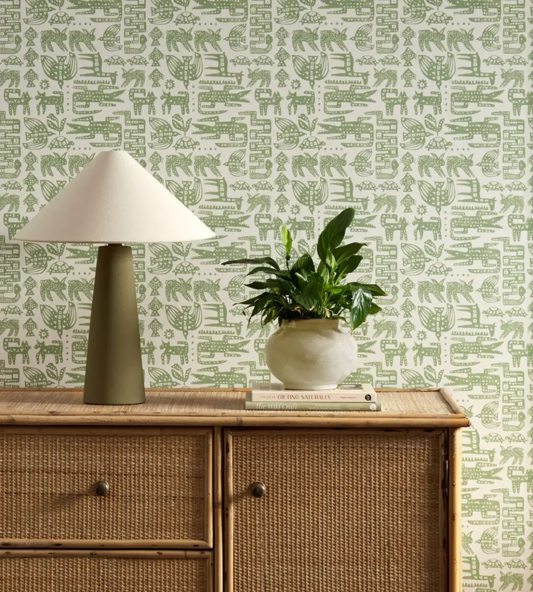 Twycross Wallpaper - Pine by green misc wallpaper and wall with cabinets and vases