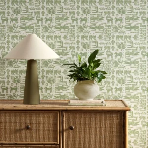 green misc wallpaper and wall with cabinets and vases