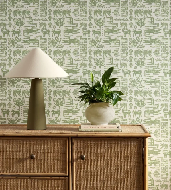 Twycross Wallpaper - Pine by green misc wallpaper and wall with cabinets and vases