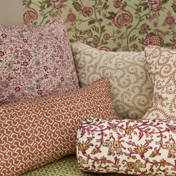 Kalpa Fabric - Spice by pink botanical cushion with cushion