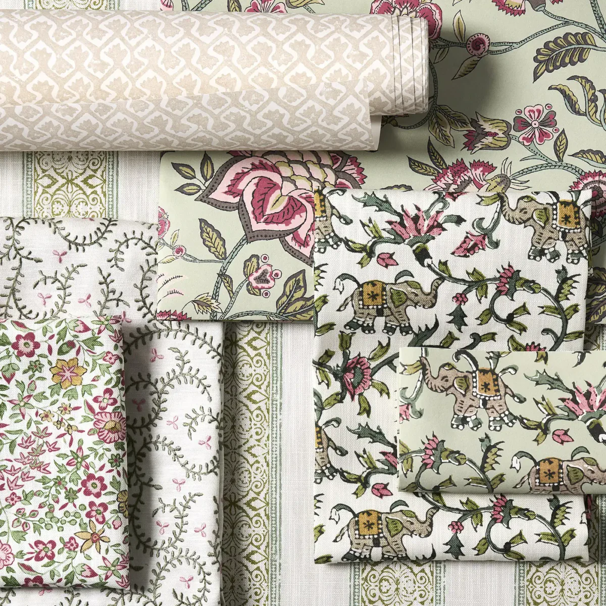 green botanical fabrics with wallpaper